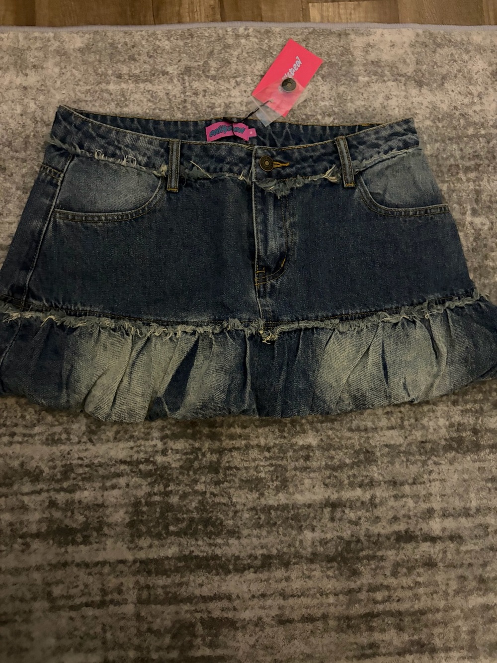 Edikted Denim Ruffle Mini Skirt - Dark Blue